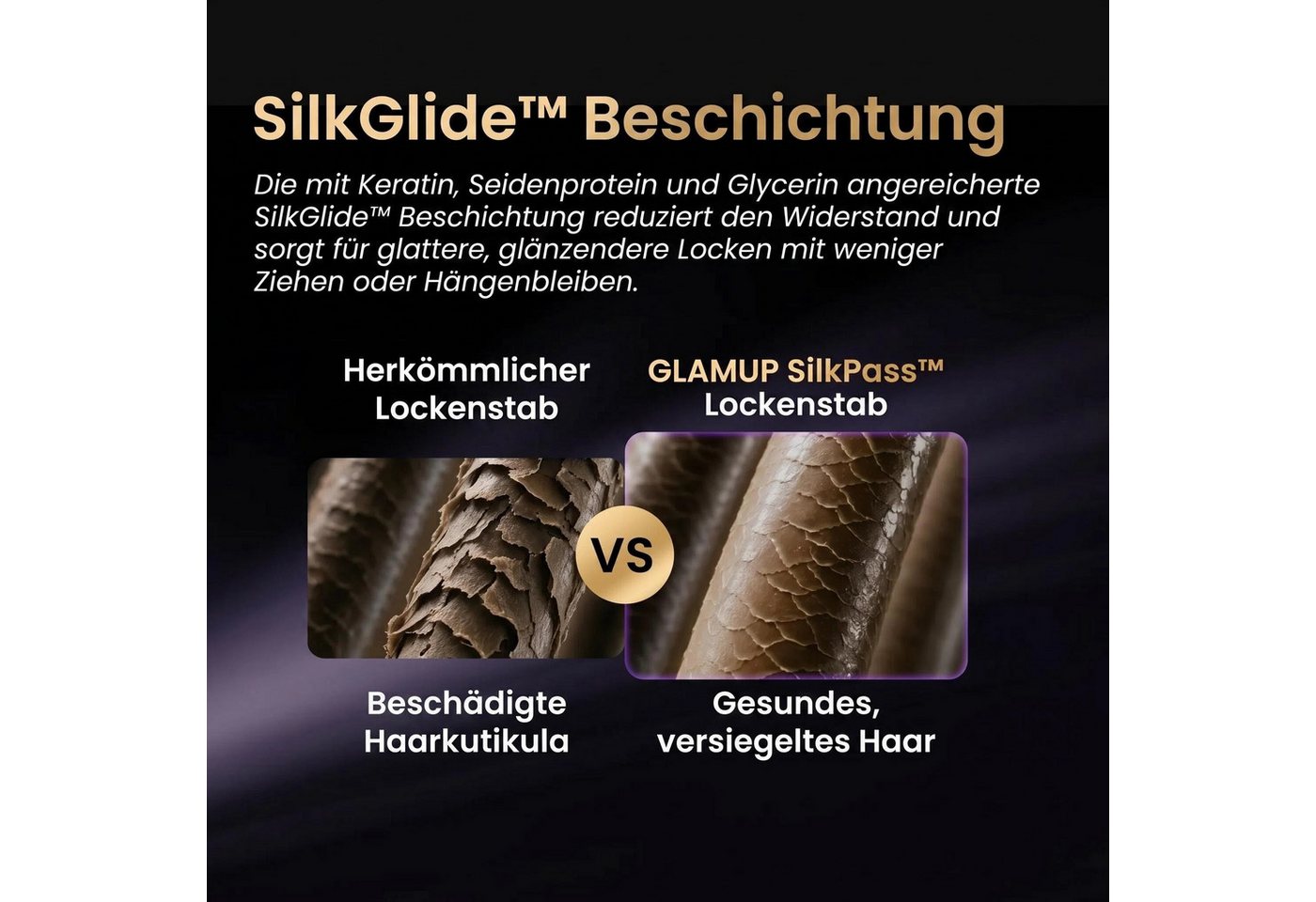 GlamUp Lockenstab 152 mm extra langer, Keratin- und Seidenkeramikfass, SilkFinish Glide, Keramik, Lockere Wellen & entspannte Locken, Dual-Spannung Bild 2