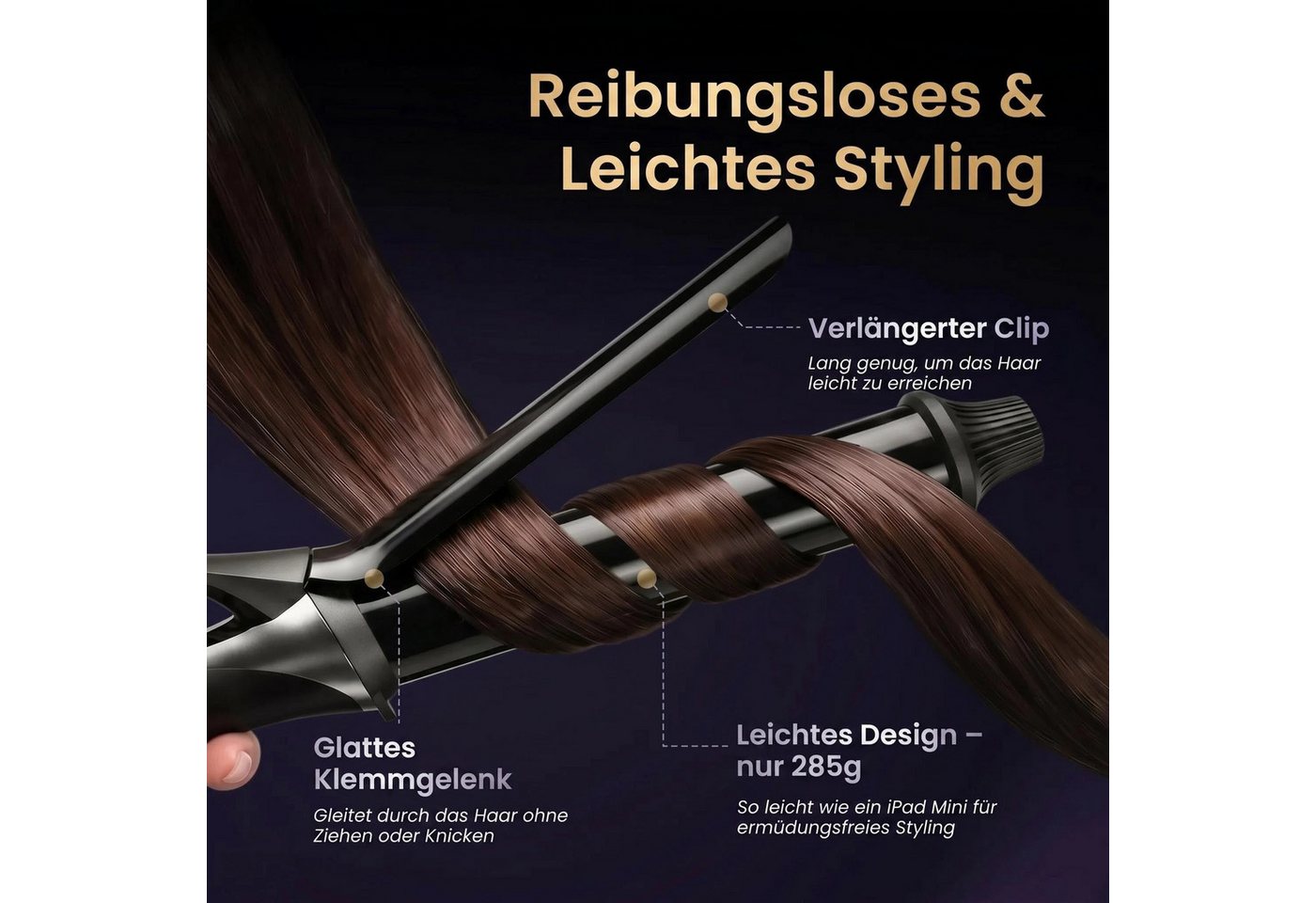 GlamUp Lockenstab 152 mm extra langer, Keratin- und Seidenkeramikfass, SilkFinish Glide, Keramik, Lockere Wellen & entspannte Locken, Dual-Spannung Bild 3