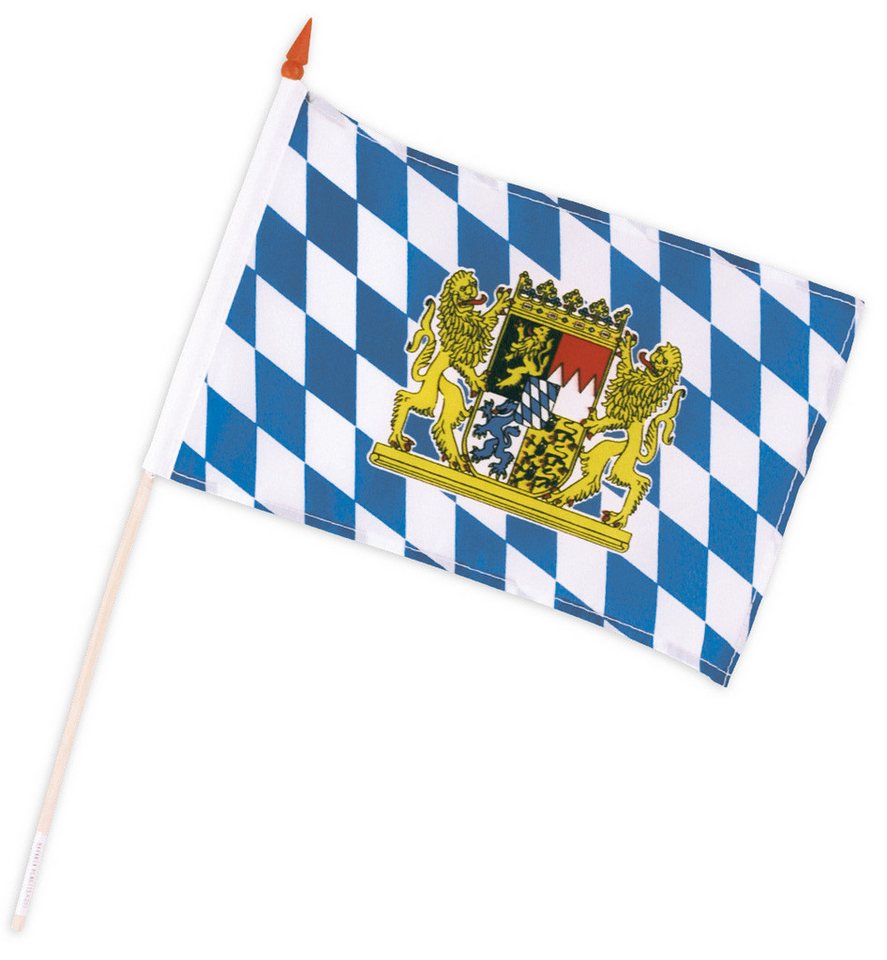 Fries Fahne Bayern Stabfahne Schwenkfahne mit Wappen 15 cm x 20 cm Fahne Blau Weiß, Mit Bayern Wappen