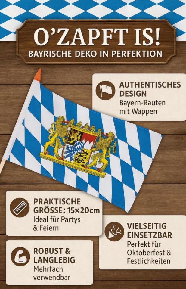 Fries Fahne Bayern Stabfahne Schwenkfahne mit Wappen 15 cm x 20 cm Fahne Blau Weiß, Mit Bayern Wappen Bild 3