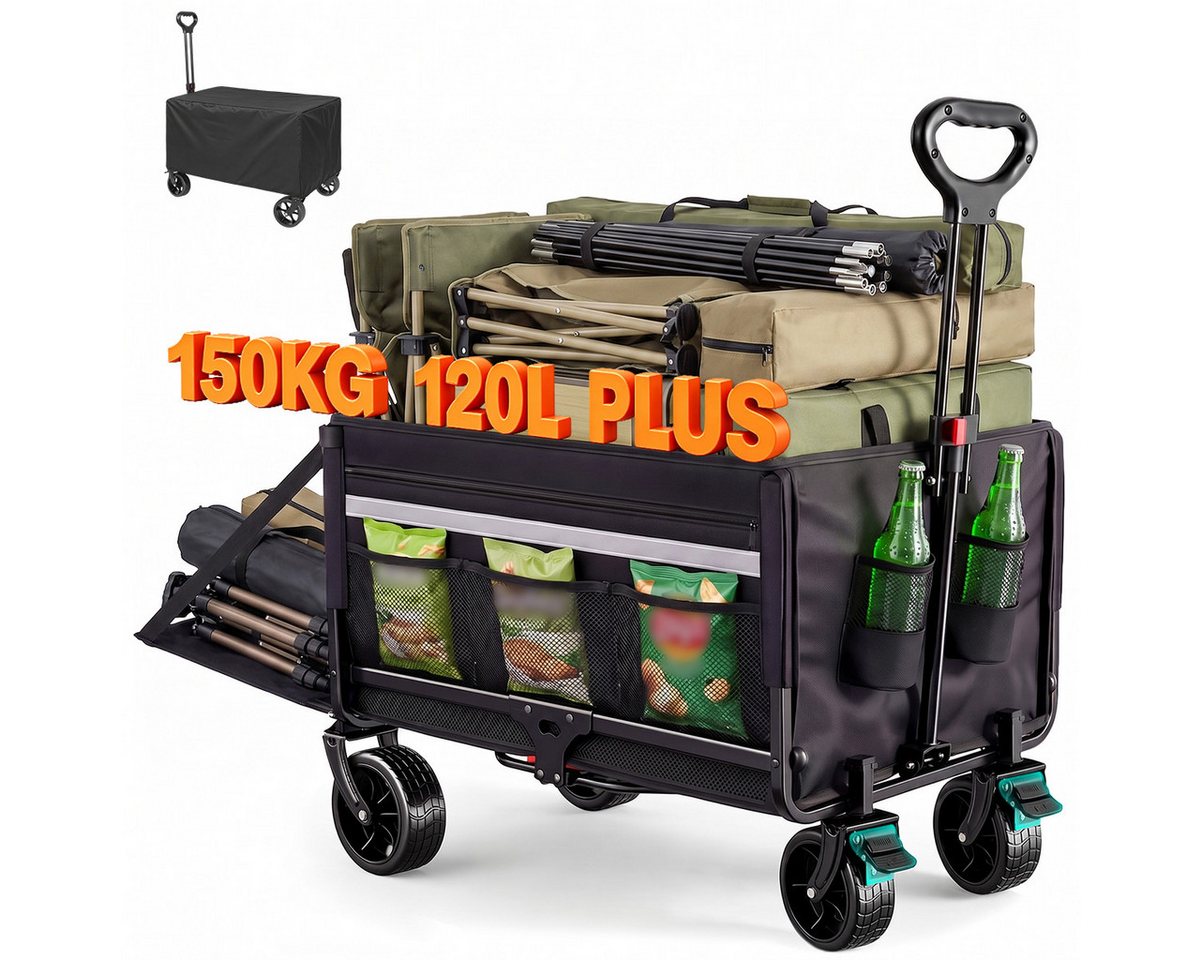 HOMECALL Bollerwagen Gartenwagen mit Heckklappe,Regenschutz, Bremsen Handwagen (Kapazität erweiterbar durch 2 Aufbewahrungstaschen, 120L+ , Campingwagen mit Reflektorstreifen), Für Einkaufen, Camping, Garten, Dogs