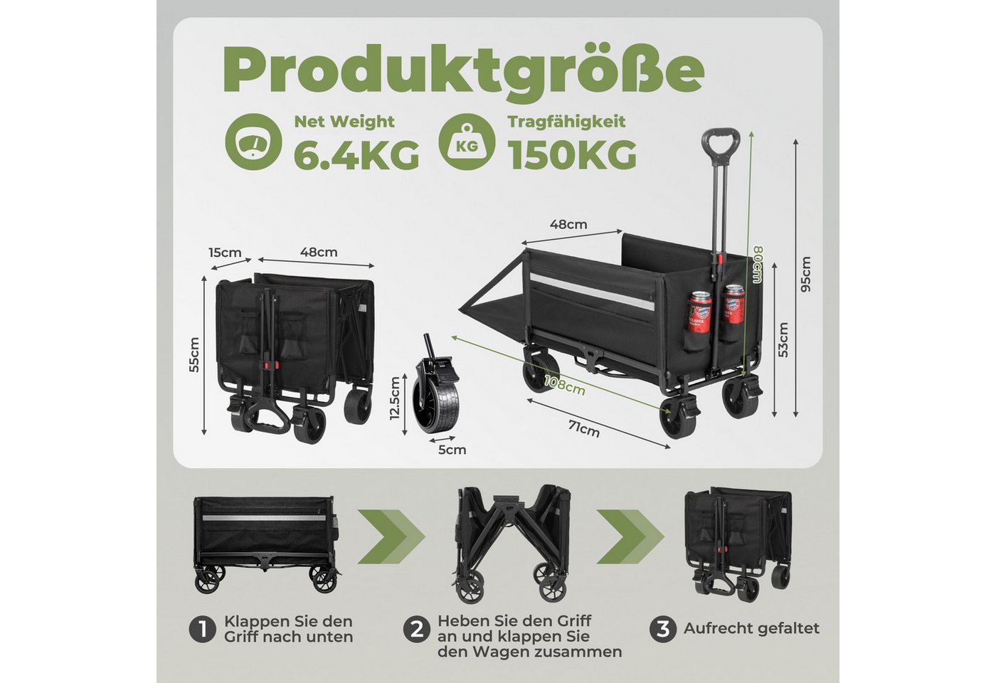 HOMECALL Bollerwagen Gartenwagen mit Heckklappe,Regenschutz, Bremsen Handwagen (Kapazität erweiterbar durch 2 Aufbewahrungstaschen, 120L+ , Campingwagen mit Reflektorstreifen), Für Einkaufen, Camping, Garten, Dogs Bild 2