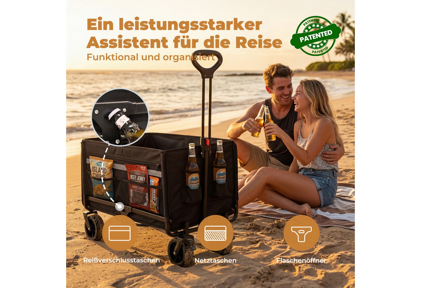 HOMECALL Bollerwagen Gartenwagen mit Heckklappe,Regenschutz, Bremsen Handwagen (Kapazität erweiterbar durch 2 Aufbewahrungstaschen, 120L+ , Campingwagen mit Reflektorstreifen), Für Einkaufen, Camping, Garten, Dogs Bild 5