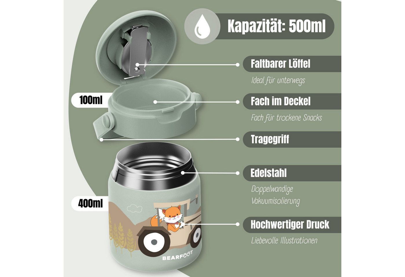 BEARFOOT Trinkflasche Thermobehälter Kinder Edelstahl - Traktor Sabei, Thermobehälter, auslaufsicher, Edelstahl, Food jar, BPA-frei