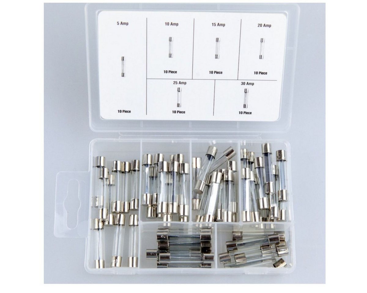 Benson Tools Kfz-Sicherungshalter Sortiment Glassicherungen 60tlg. 5-30A KFZ Sicherungen Feinsicherungen, (60-St), Lieferung in 12x8x2,5cm Sortimentsbox Bild 3