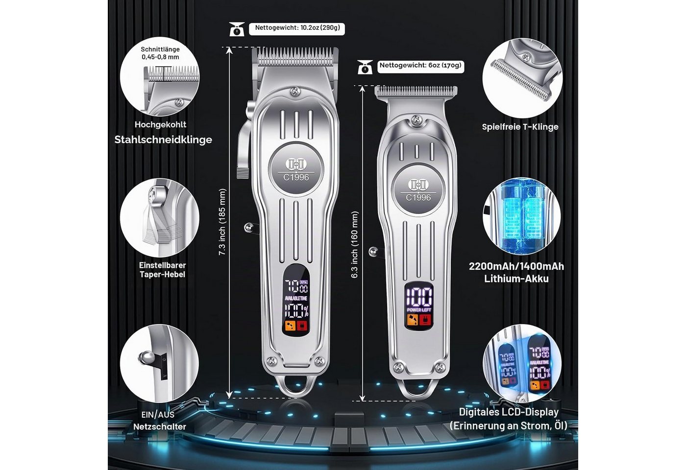 TUWENA Haarschneider Professional Electric Hair Clipper Set, Beard Trimmer for Mens, T-förmige Klingen, 4 Stufen, LED-Display, 8 Führungskämme, kabellos Bild 2