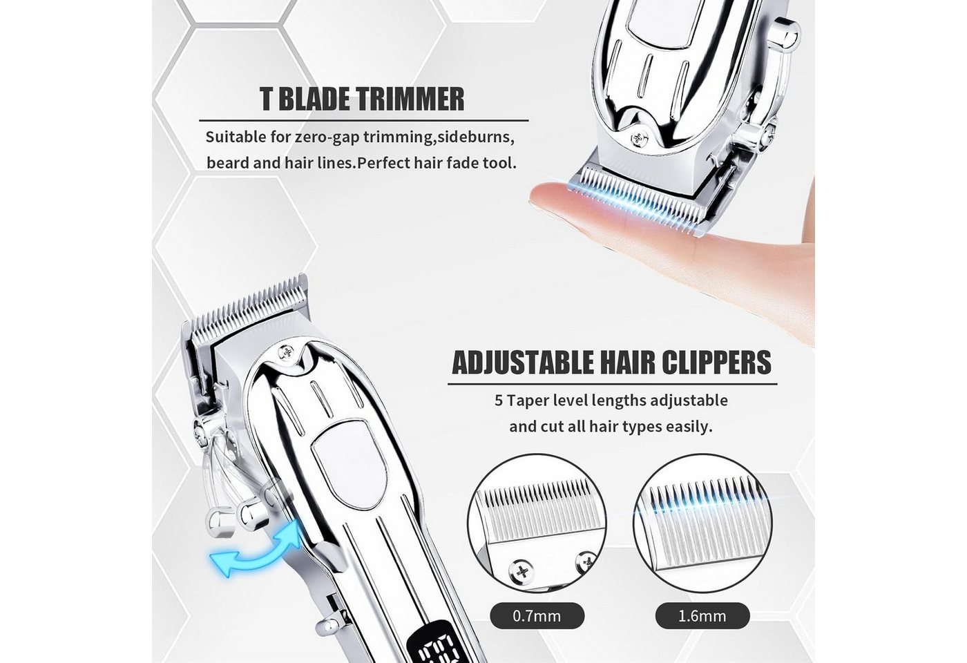 TUWENA Haarschneider Professional Electric Hair Clipper Set, Beard Trimmer for Mens, T-förmige Klingen, 4 Stufen, LED-Display, 8 Führungskämme, kabellos Bild 4