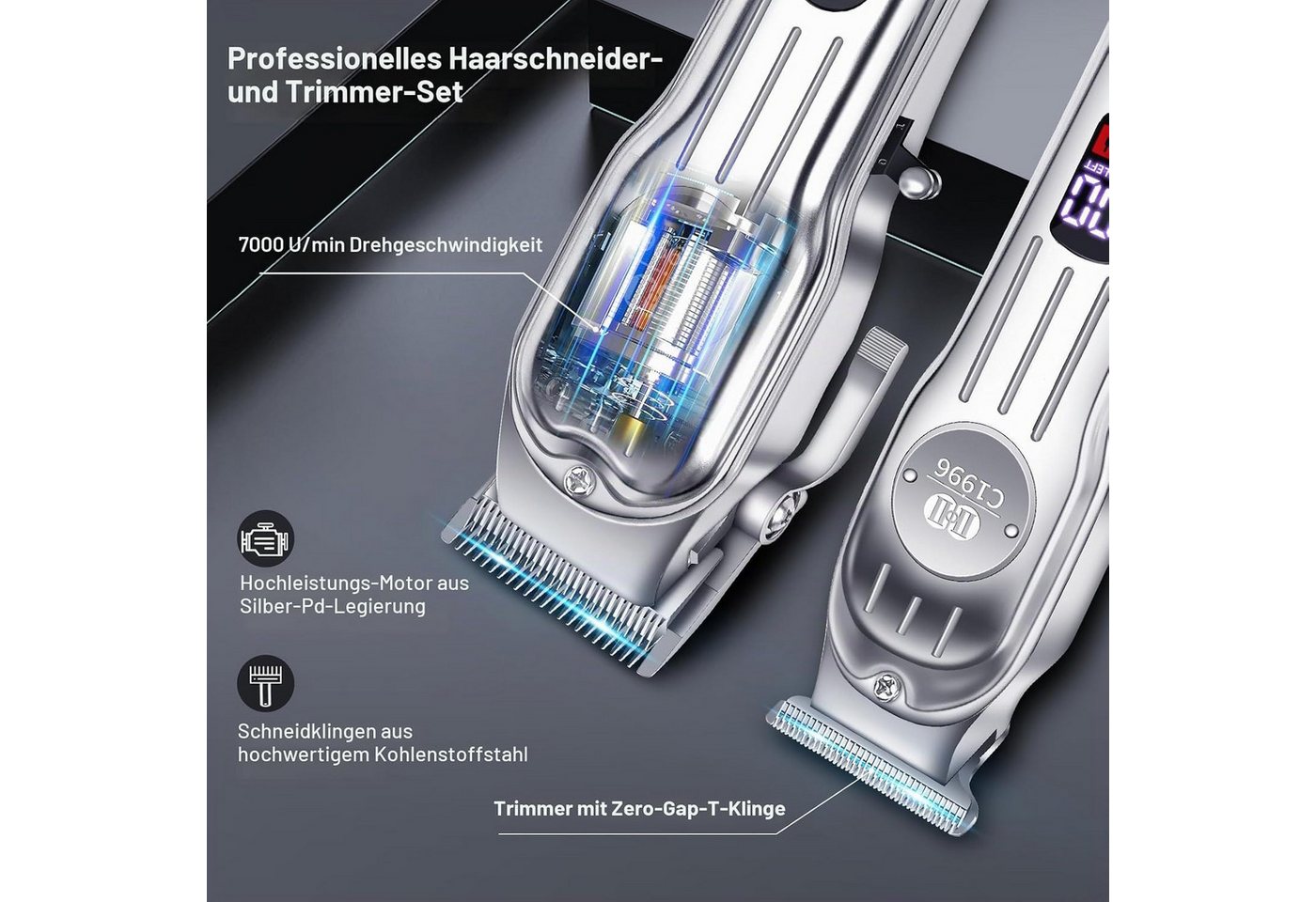 TUWENA Haarschneider Professional Electric Hair Clipper Set, Beard Trimmer for Mens, T-förmige Klingen, 4 Stufen, LED-Display, 8 Führungskämme, kabellos Bild 5