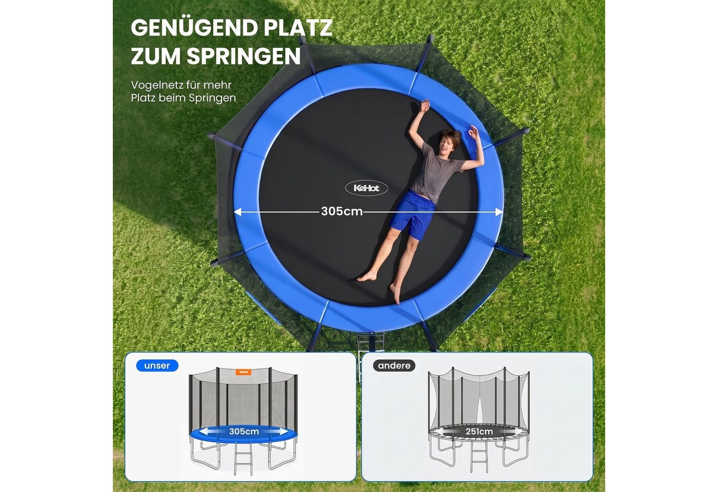 kehot Gartentrampolin Gartentrampolin mit Sicherheitsnetz bis 150 kg und hoher Stabilität, Ø 305 cm, Outdoor Kindertrampolin Komplettset für Spiel, Bewegung, Familienzeit Bild 3