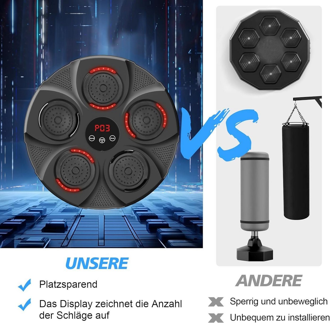 feinlux Boxmaschine Boxtrainer mit Bluetooth, Licht&Musik,Stressabbau,Trainingshilfe, individuell einstellbare Höhe, unterhaltsam für Zuhause und Gym