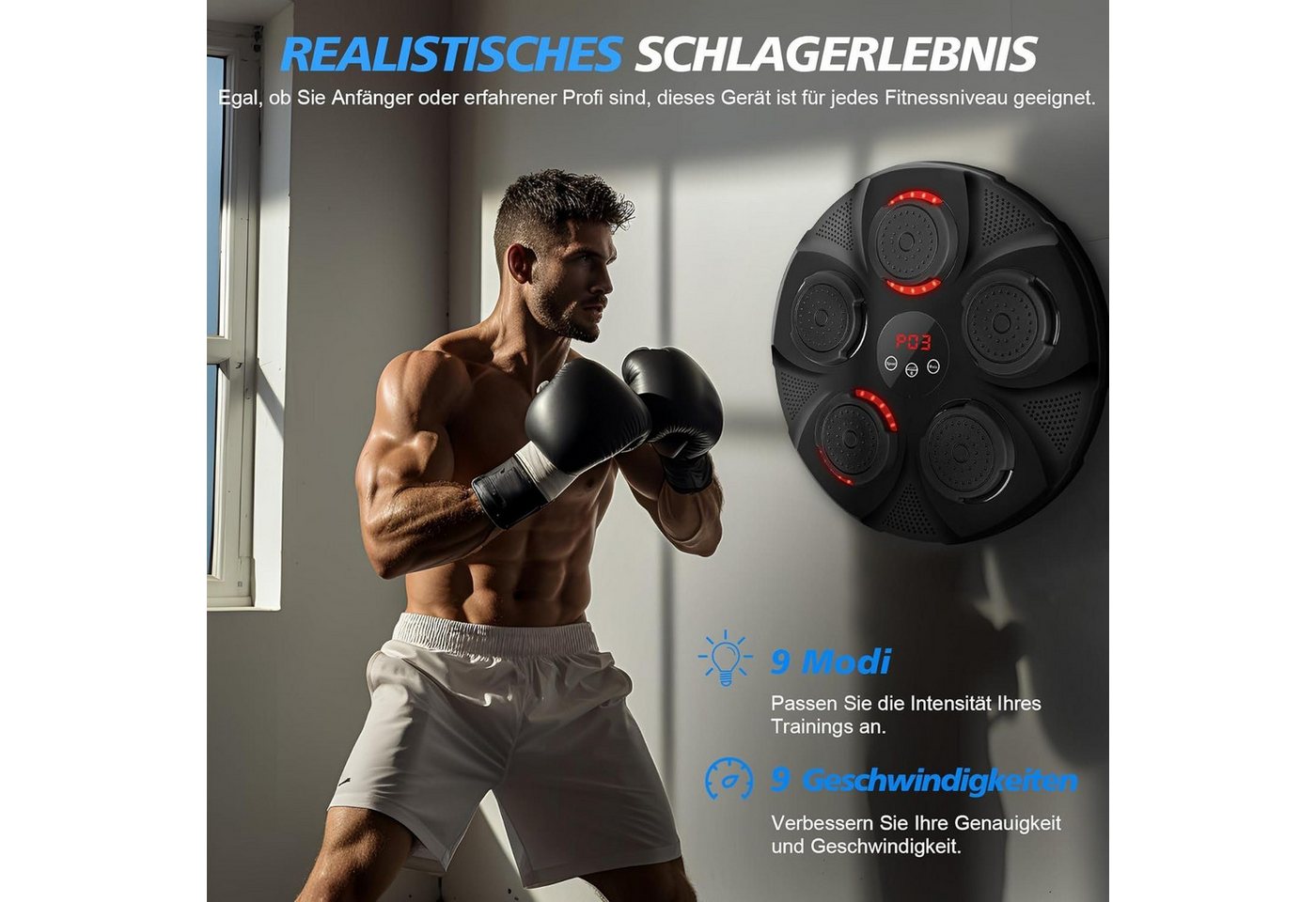 feinlux Boxmaschine Boxtrainer mit Bluetooth, Licht&Musik,Stressabbau,Trainingshilfe, individuell einstellbare Höhe, unterhaltsam für Zuhause und Gym Bild 3