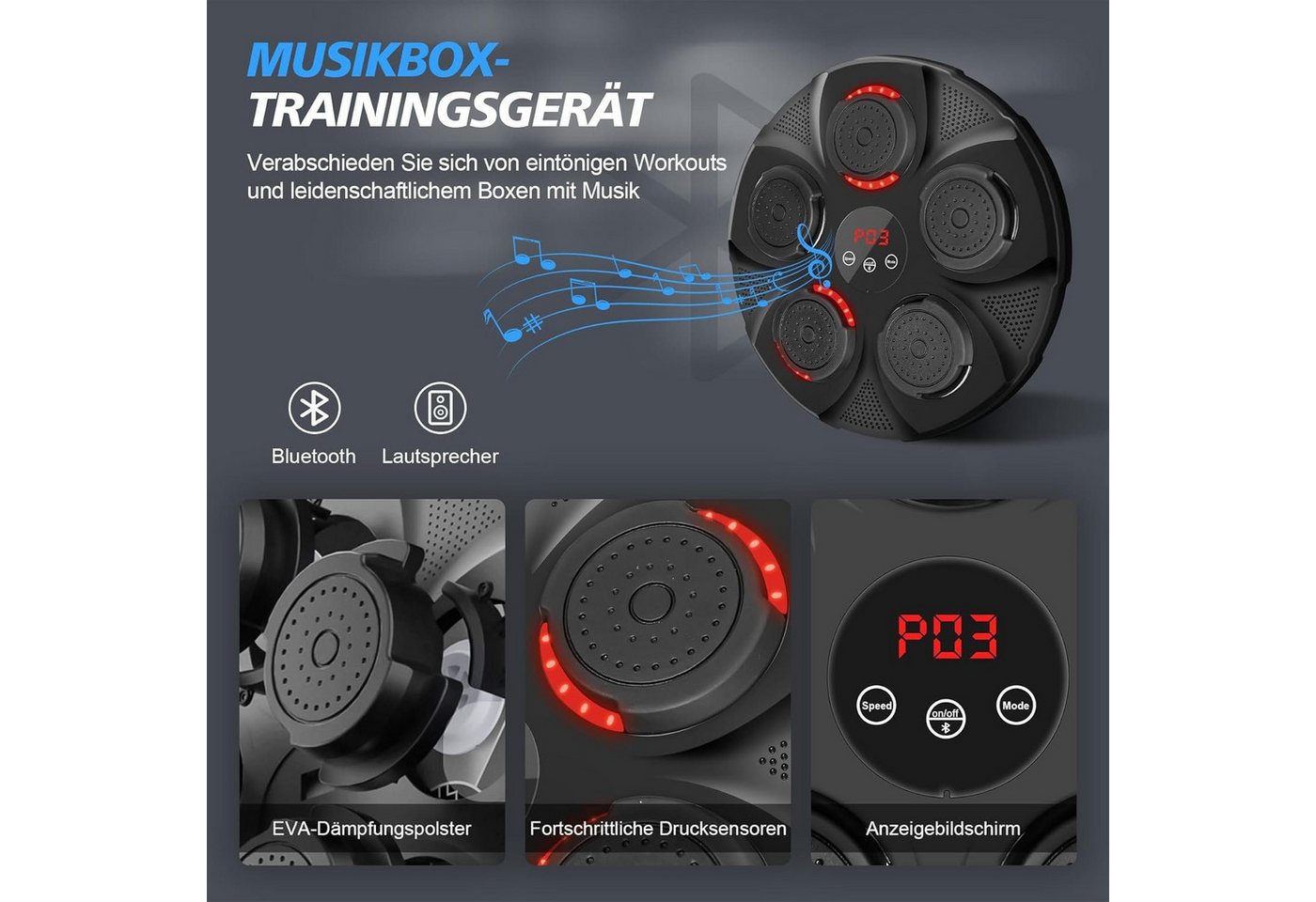 feinlux Boxmaschine Boxtrainer mit Bluetooth, Licht&Musik,Stressabbau,Trainingshilfe, individuell einstellbare Höhe, unterhaltsam für Zuhause und Gym Bild 5