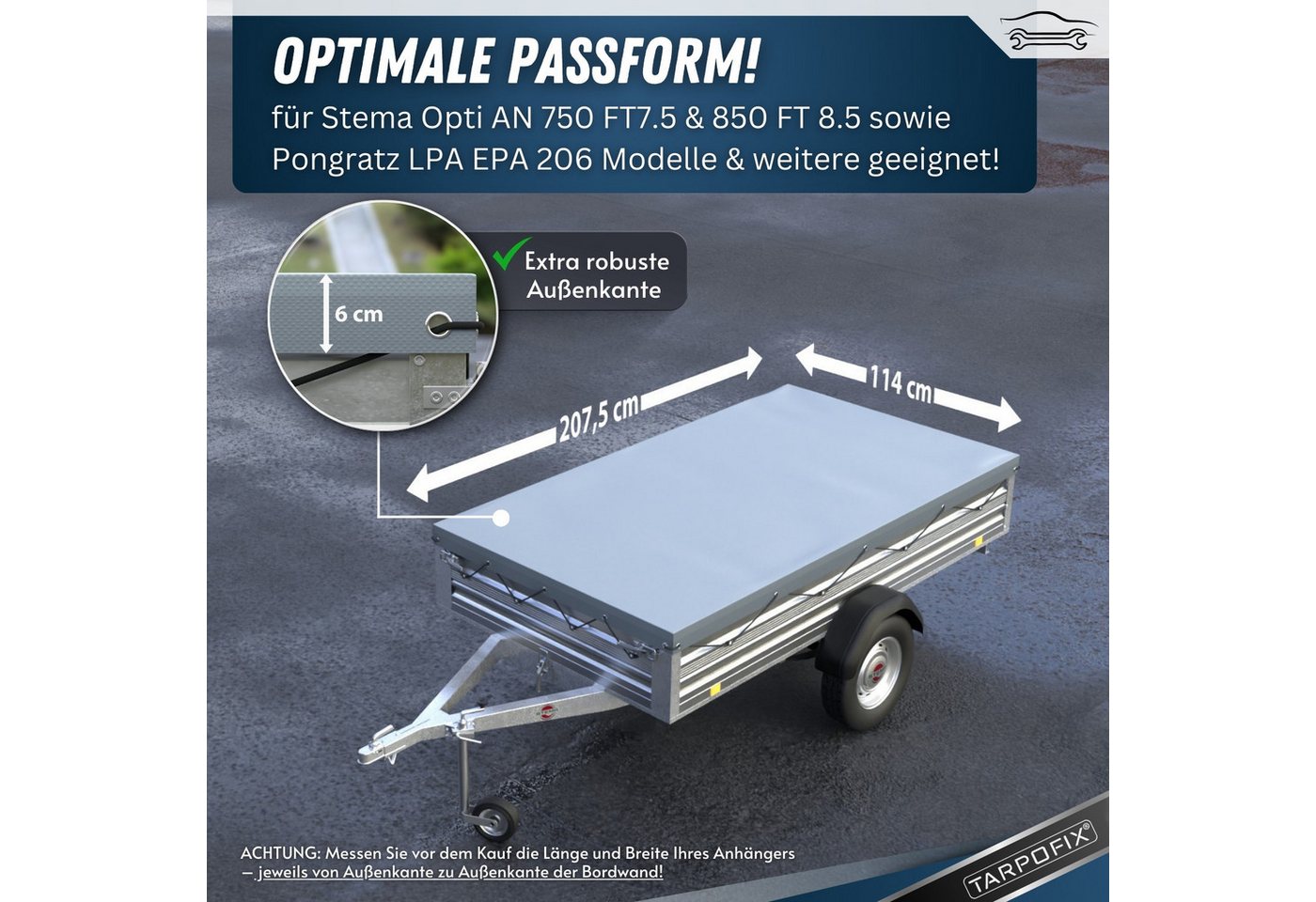 Tarpofix® Schutzplane Tarpofix Anhängerplane 207x114 cm PVC wasserdicht universell, Graue Anhängerplane 207,5x114 cm, Gummizug Bild 4