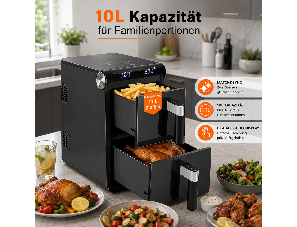 Ledklang Heißluftfritteuse 2 Kammern XXL 11L Gesamtvolumen 13-in-1 programme Air fryer Schwarz, 2800 W, getrennter Temperatur Zeiteinstellung für Beilagen gleichzeitig Bild 2