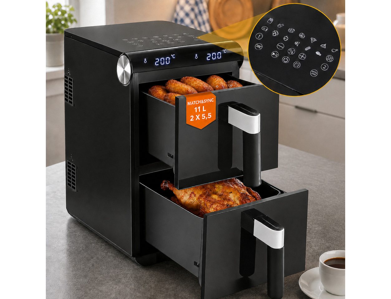 Ledklang Heißluftfritteuse 2 Kammern XXL 11L Gesamtvolumen 13-in-1 programme Air fryer Schwarz, 2800 W, getrennter Temperatur Zeiteinstellung für Beilagen gleichzeitig Bild 3