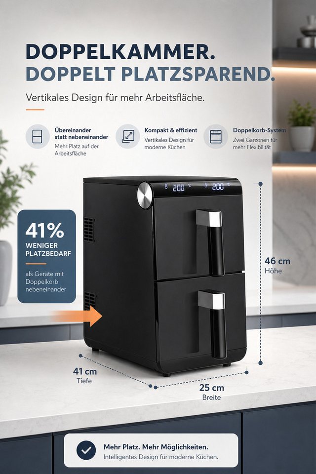 Ledklang Heißluftfritteuse 2 Kammern XXL 11L Gesamtvolumen 13-in-1 programme Air fryer Schwarz, 2800 W, getrennter Temperatur Zeiteinstellung für Beilagen gleichzeitig Bild 4