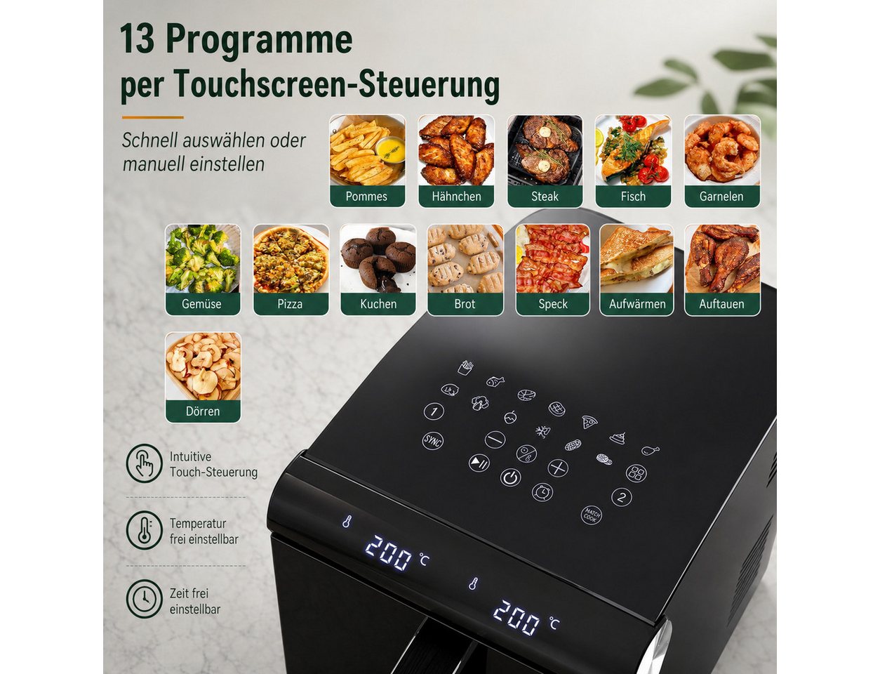 Ledklang Heißluftfritteuse 2 Kammern XXL 11L Gesamtvolumen 13-in-1 programme Air fryer Schwarz, 2800 W, getrennter Temperatur Zeiteinstellung für Beilagen gleichzeitig Bild 5