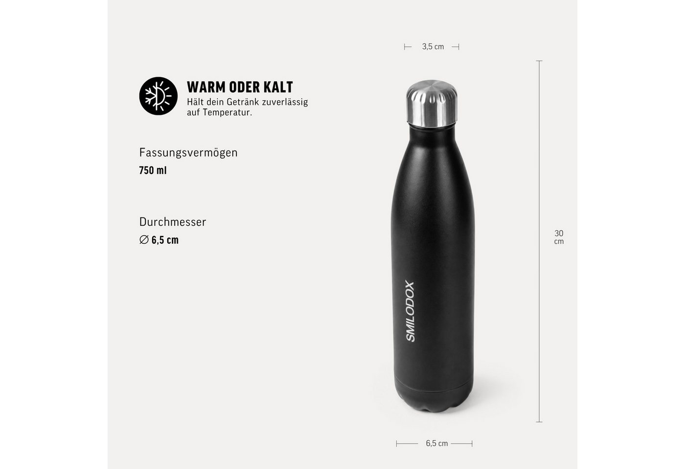 Smilodox Trinkflasche Sveltis, 750ml Edelstahl Thermoflasche, BPA-frei, 100% Auslaufsicher, Schlanke Form, Edelstahl, Thermofunktion, für Büro, Gym & Alltag Bild 4