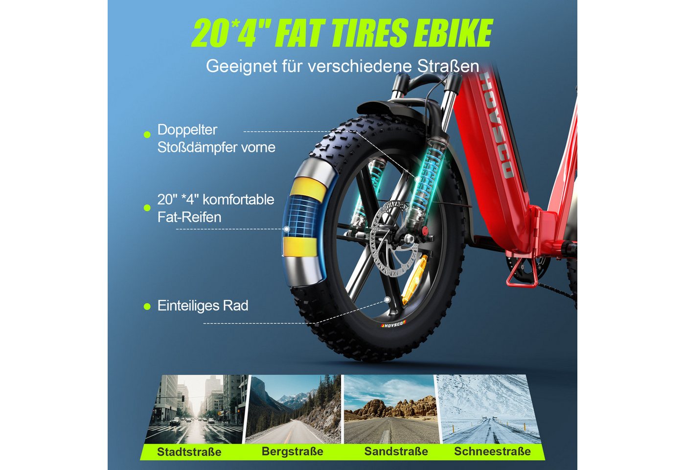 SISIGAD Klapprad 20'' Faltbares Fatbike, Elektrofahrrad mit breiten Reifen, 250W Motor, Shimano, 48V 15AH, kompakt zusammenklappbar mit herausnehmbarem Akku