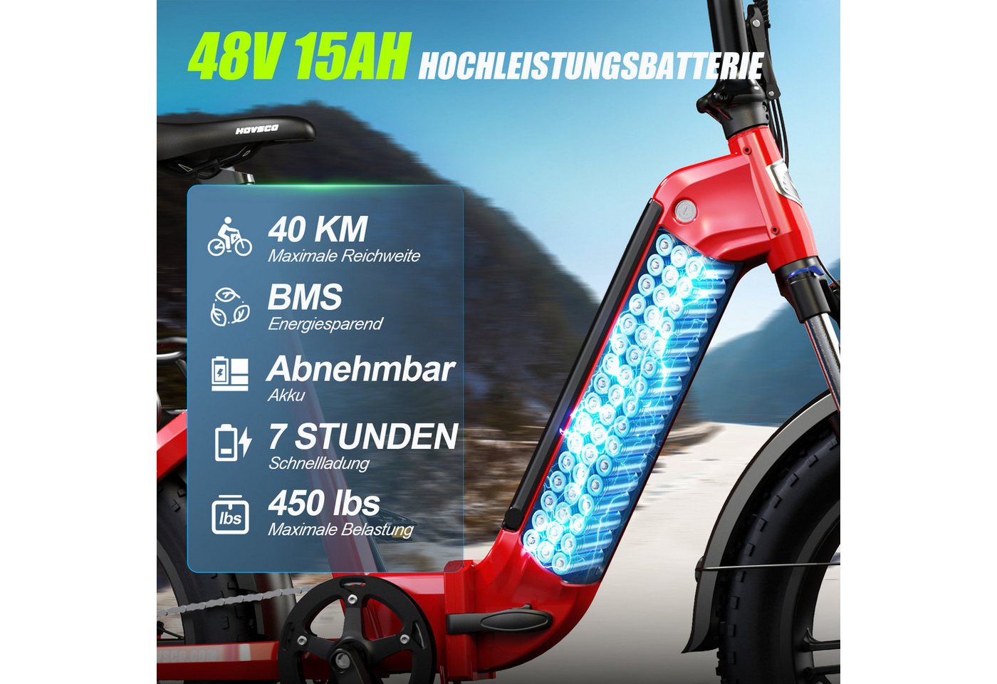 SISIGAD Klapprad 20'' Faltbares Fatbike, Elektrofahrrad mit breiten Reifen, 250W Motor, Shimano, 48V 15AH, kompakt zusammenklappbar mit herausnehmbarem Akku Bild 2