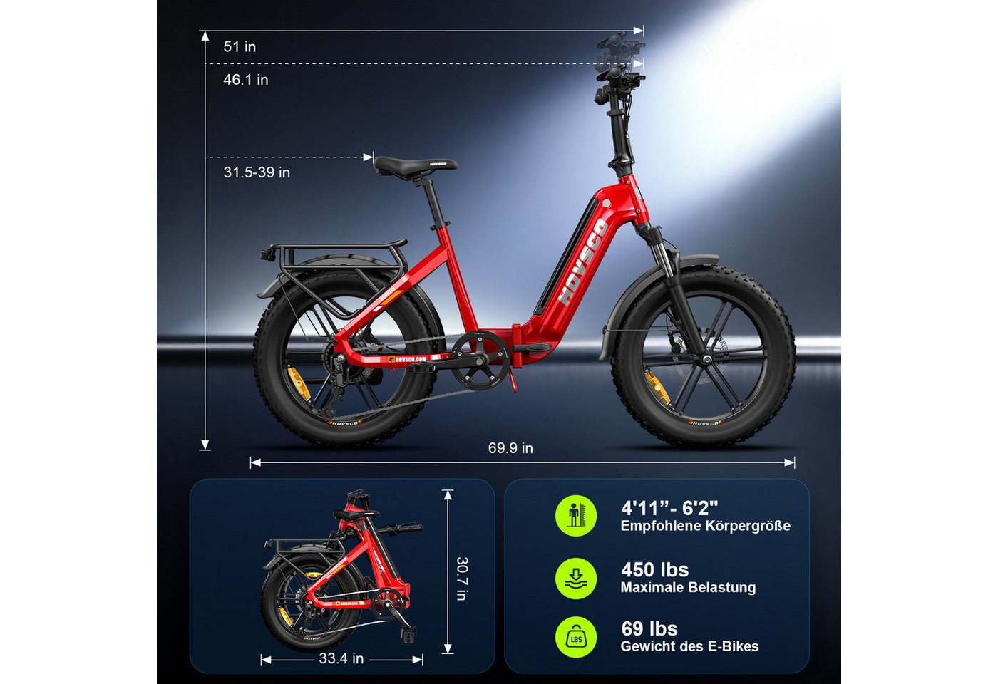 SISIGAD Klapprad 20'' Faltbares Fatbike, Elektrofahrrad mit breiten Reifen, 250W Motor, Shimano, 48V 15AH, kompakt zusammenklappbar mit herausnehmbarem Akku Bild 4