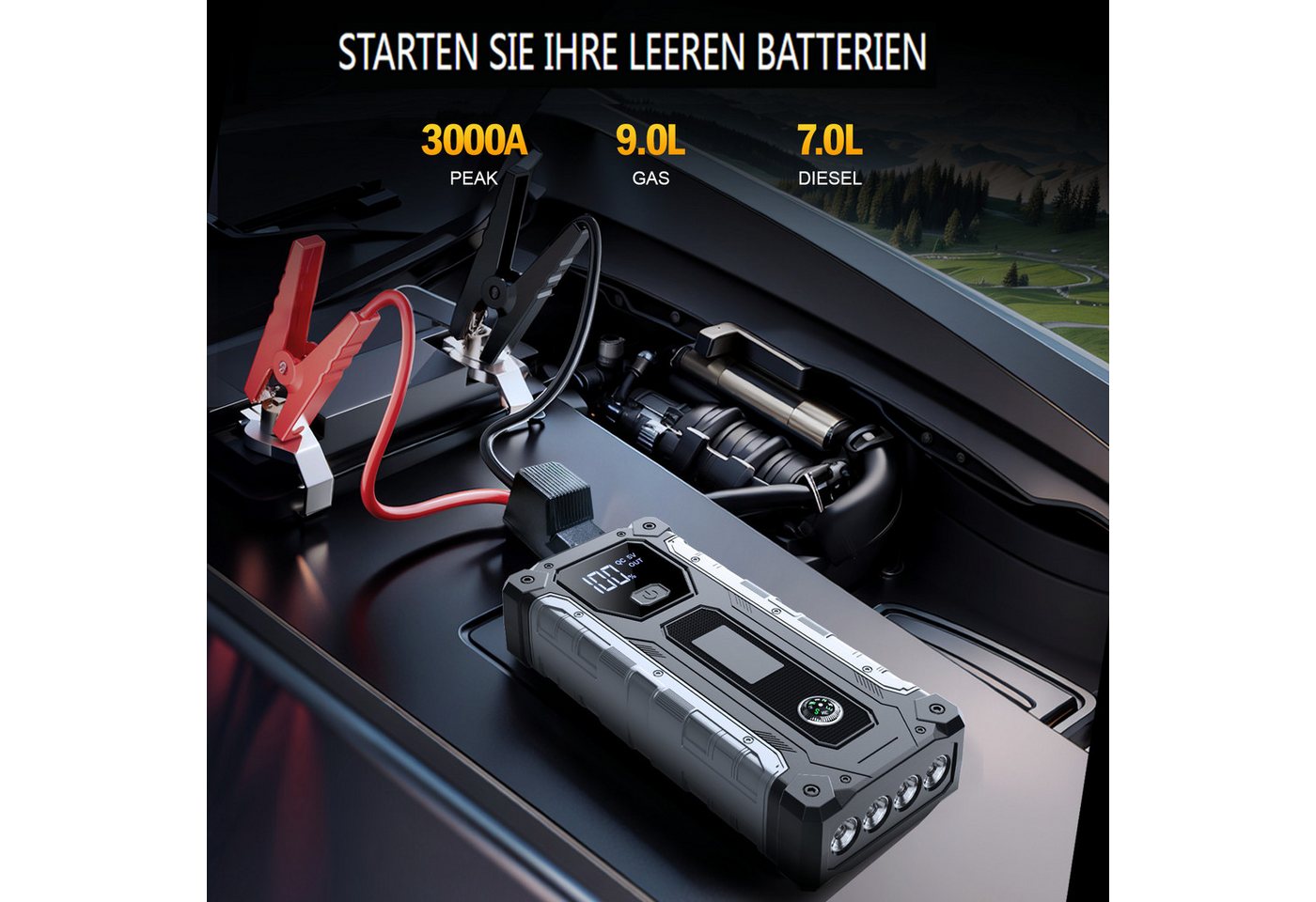 Insma Auto Starthilfe Powerbank 3000A 12V Starthilfegerät, 3 Mode LED-Leuchte, für Benzin bis 9,0L & Diesel bis 7,0L Bild 4