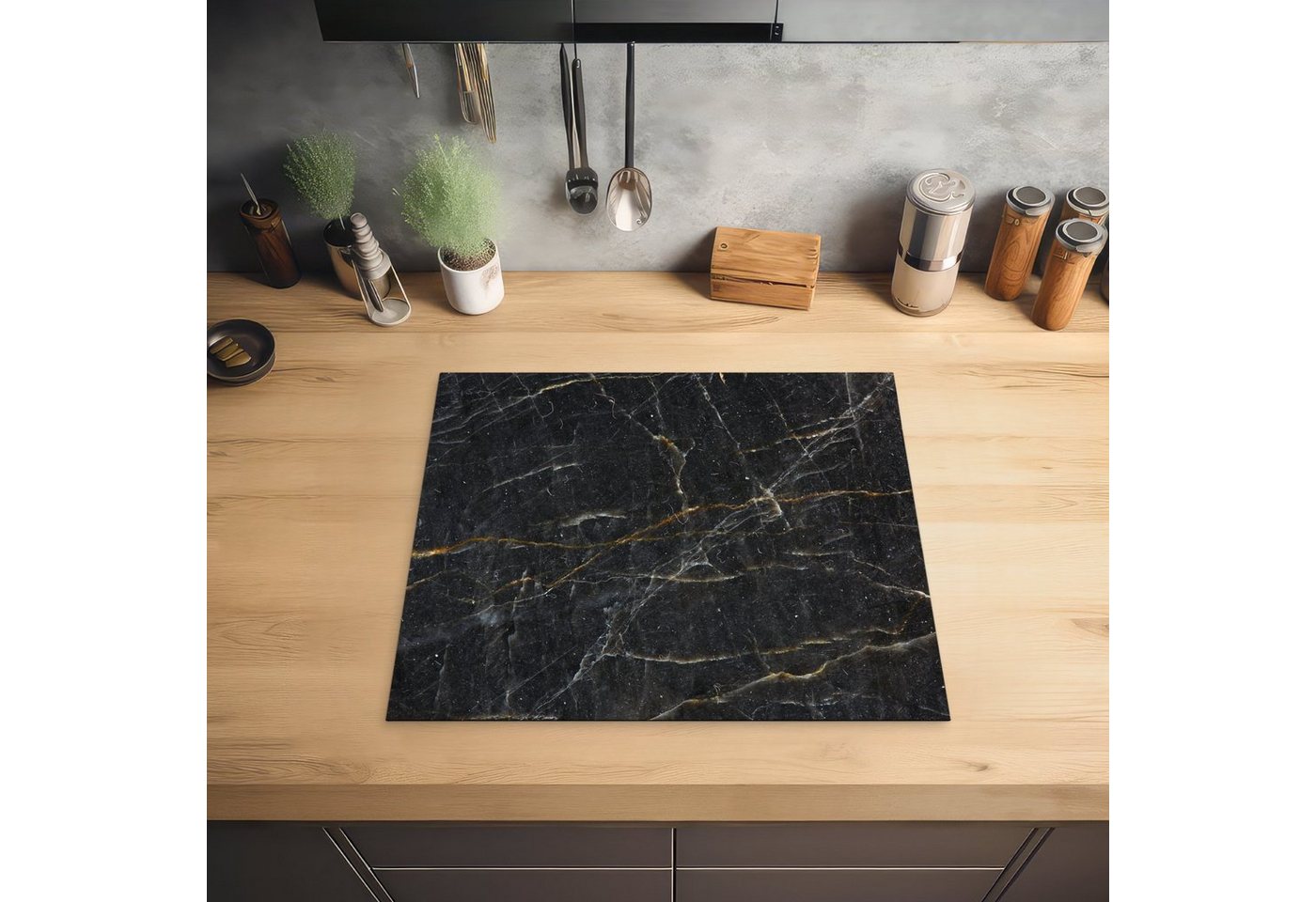 MuchoWow Herd-Abdeckplatte Marmor - Schwarz - Gold - Grau - Marmoroptik/print, Vinyl, (1 tlg), Küche Herdabdeckplatte Ceranfeld Vinyl Einteilig, 59x52 cm