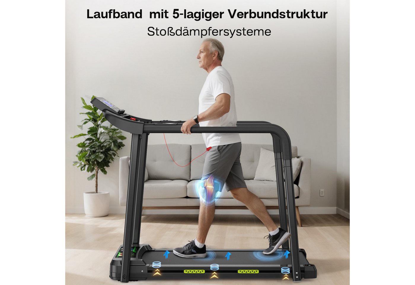 kowdom Laufband Seniorenlaufband mit App, LED-Display & Haltegriffen (Laufband für Heimgebrauch, Geschwindigkeitsregelung, Manuelle Einstellung, Trainingsdatenanzeige), Senioren-Griff, LED, Dämpf., Sicherh., schon