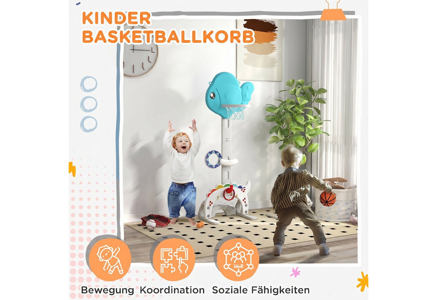 AIYAPLAY Basketballkorb 5 in 1 Höhenverstellbarer 134-152 cm mit Basketballs Pumpe Fußballtor (Set, 1-St., Indoor Outdoor Spielzeug), für Jungen Mädchen 3-6 Jahre Blau+Grau