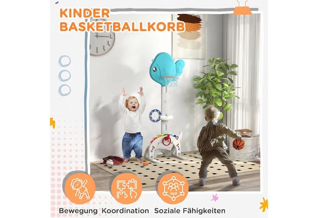 AIYAPLAY Basketballkorb 5 in 1 Höhenverstellbarer 134-152 cm mit Basketballs Pumpe Fußballtor (Set, 1-St., Indoor Outdoor Spielzeug), für Jungen Mädchen 3-6 Jahre Blau+Grau