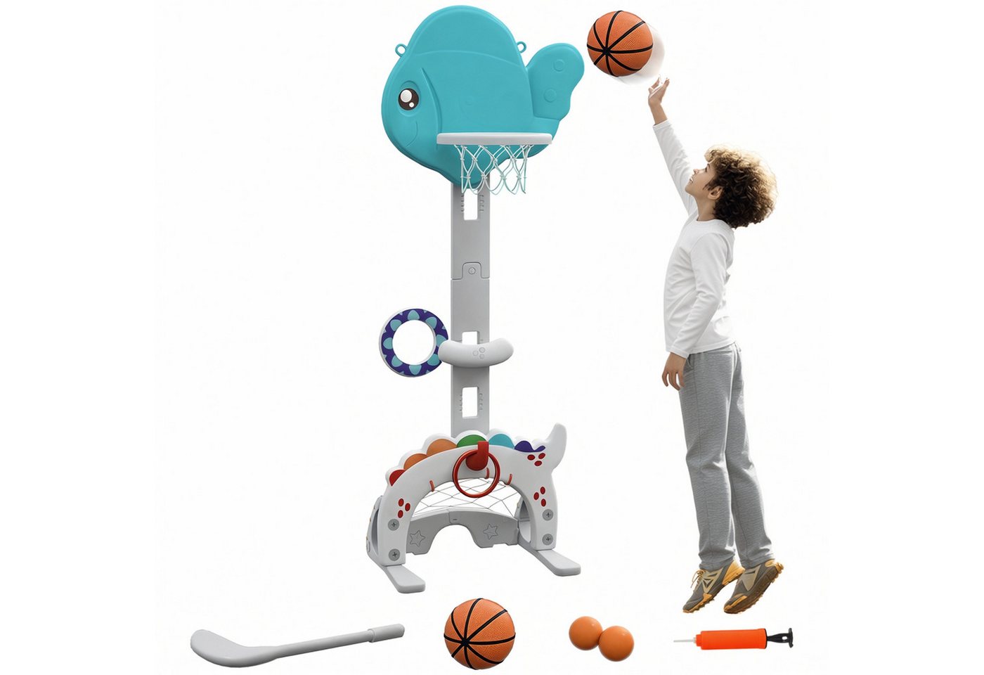 AIYAPLAY Basketballkorb 5 in 1 Höhenverstellbarer 134-152 cm mit Basketballs Pumpe Fußballtor (Set, 1-St., Indoor Outdoor Spielzeug), für Jungen Mädchen 3-6 Jahre Blau+Grau Bild 2