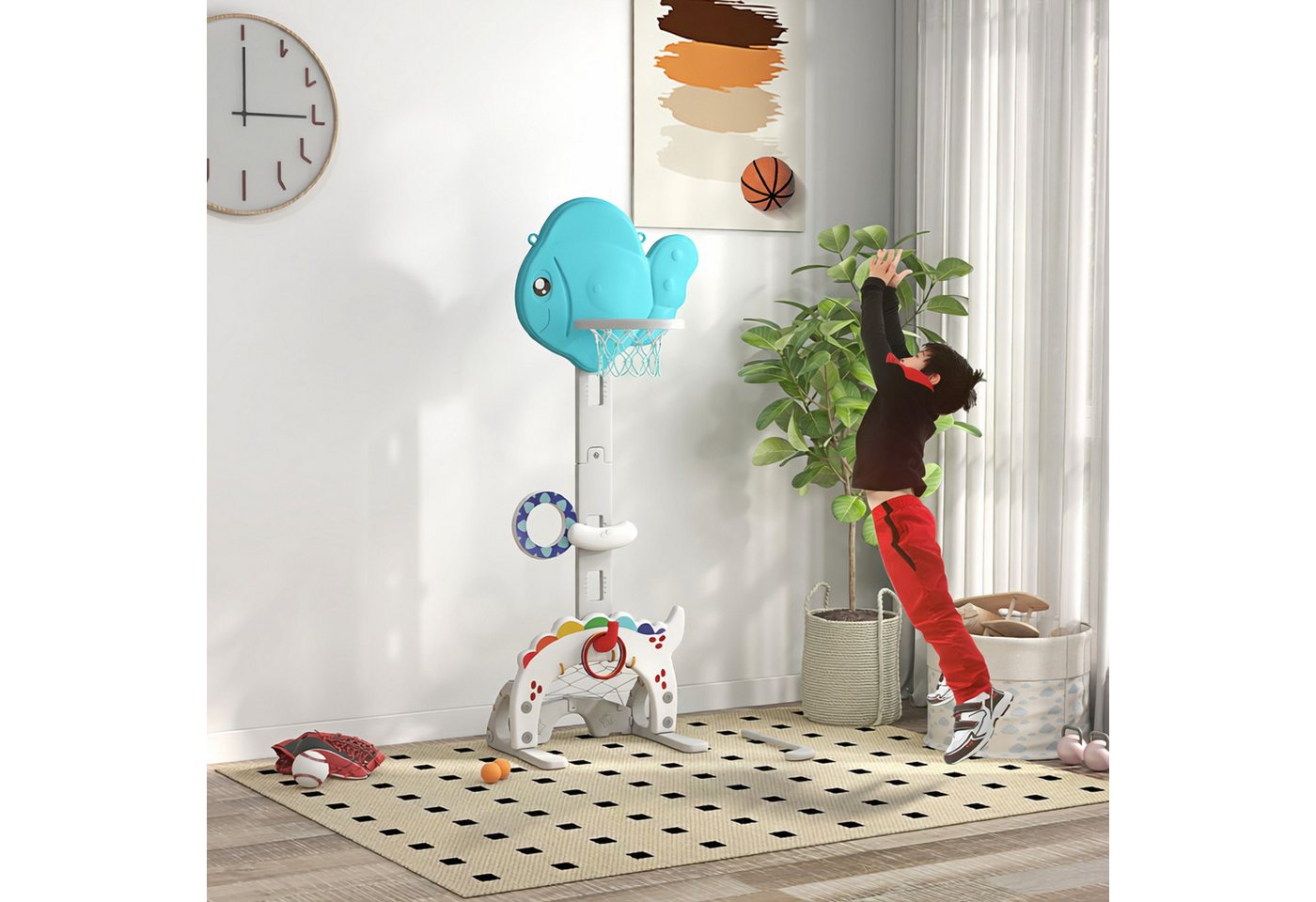 AIYAPLAY Basketballkorb 5 in 1 Höhenverstellbarer 134-152 cm mit Basketballs Pumpe Fußballtor (Set, 1-St., Indoor Outdoor Spielzeug), für Jungen Mädchen 3-6 Jahre Blau+Grau Bild 3