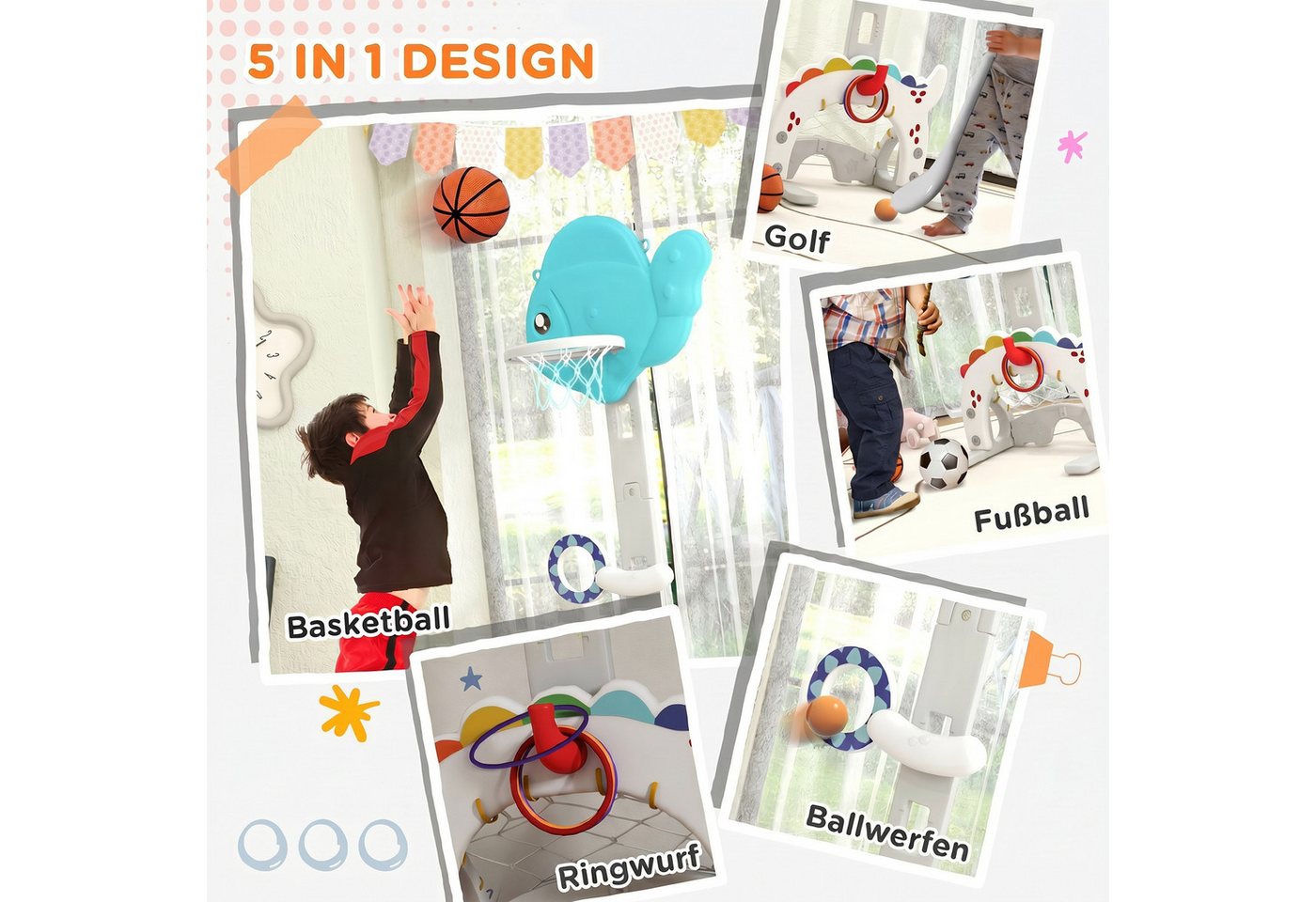 AIYAPLAY Basketballkorb 5 in 1 Höhenverstellbarer 134-152 cm mit Basketballs Pumpe Fußballtor (Set, 1-St., Indoor Outdoor Spielzeug), für Jungen Mädchen 3-6 Jahre Blau+Grau Bild 4