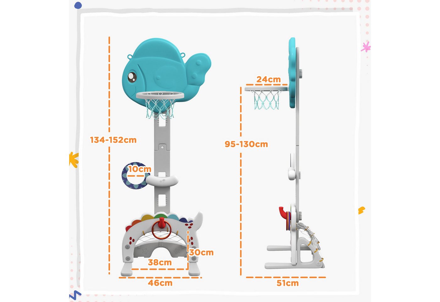 AIYAPLAY Basketballkorb 5 in 1 Höhenverstellbarer 134-152 cm mit Basketballs Pumpe Fußballtor (Set, 1-St., Indoor Outdoor Spielzeug), für Jungen Mädchen 3-6 Jahre Blau+Grau Bild 5