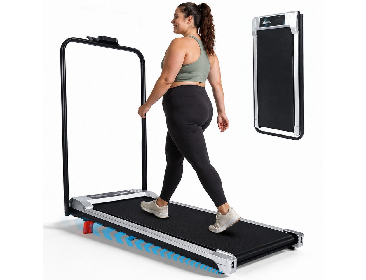 Ledklang Laufband Klappbares 4-in-1 Zuhause Büro Steigungsfunktion leise bis 10 km/h (Mit Armlehnen), LED-Display-Walking Pad, 0,6 PS (447 W), klappbar