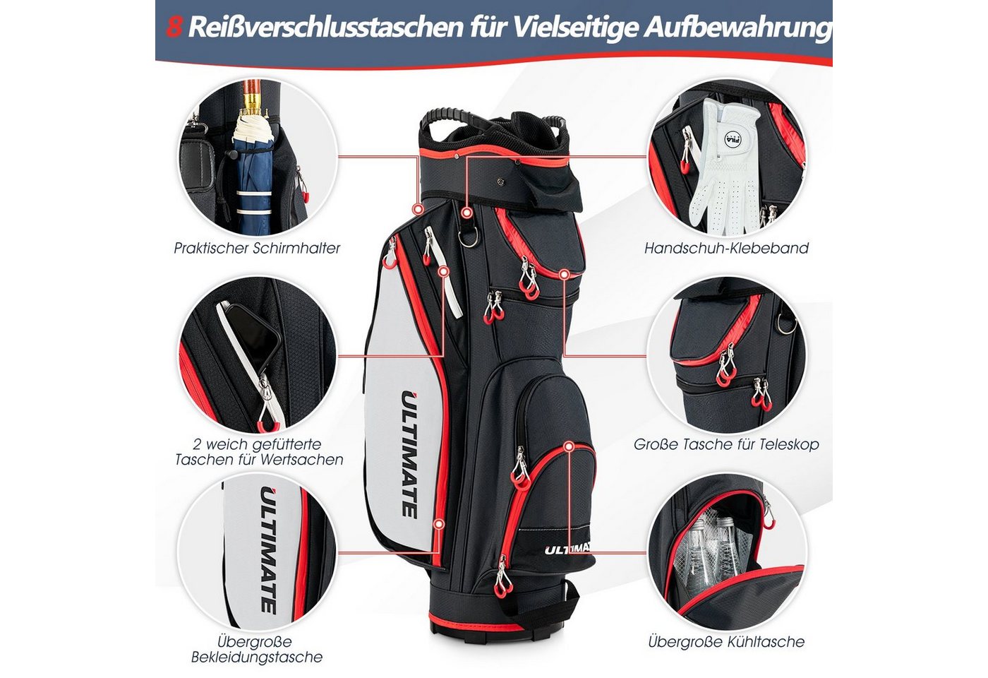 COSTWAY Golftrolley + Golfbag, 1-tlg., mit 8 Taschen & Getränkekühltasche Bild 5