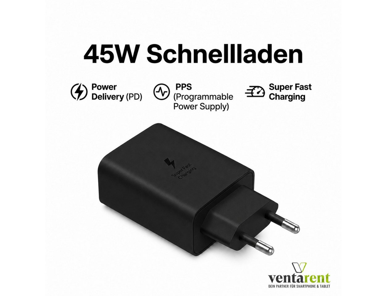 Ventarent 45W USB-C Power Delivery für Microsoft Surface USB-Ladegerät (3000 mA, Set, 2-tlg., Netzadapter mit Ladekabel, PPS)