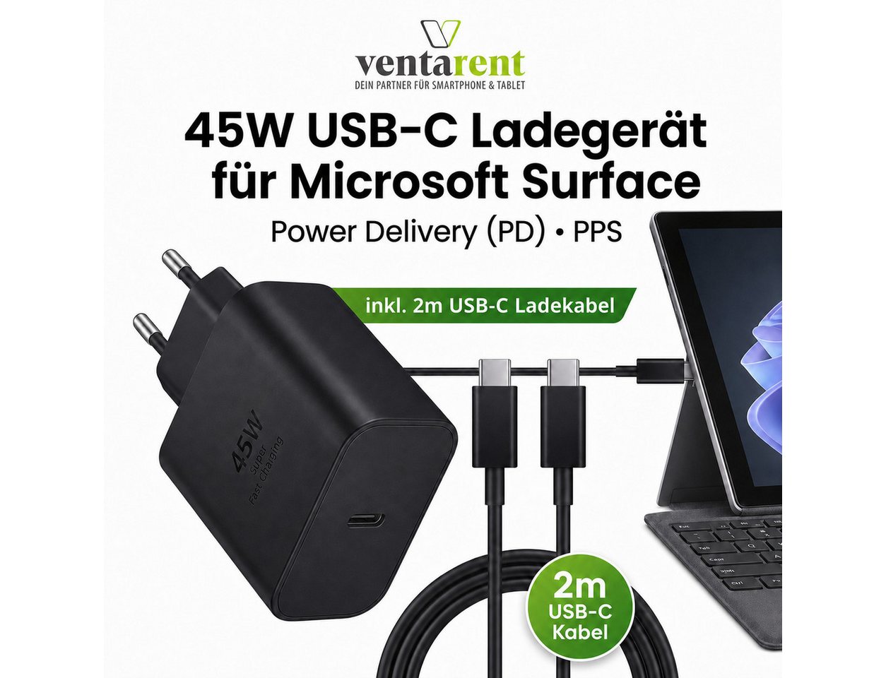 Ventarent 45W USB-C Power Delivery für Microsoft Surface USB-Ladegerät (3000 mA, Set, 2-tlg., Netzadapter mit Ladekabel, PPS) Bild 2