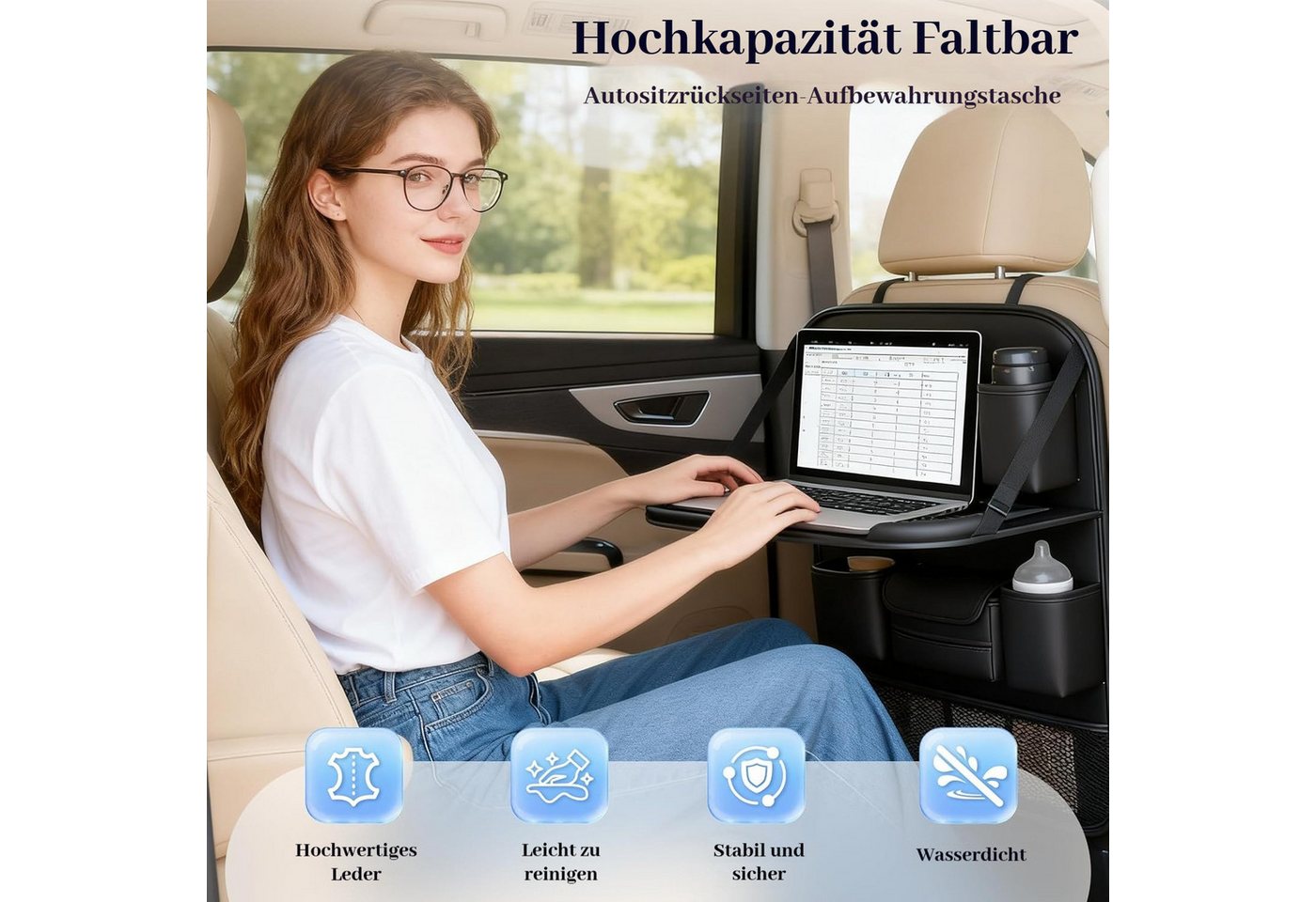BlingBin Auto-Rückenlehnentasche Auto Tisch Kinder Rücksitz mit Faltbarem Tisch & Tablet-Halterung (1er Set, 1-tlg., 45 x 63,5cm), Auto Organizer Kinder,Kindersitz-Schutz für Reisen,Spielzeug & Snacks Bild 3