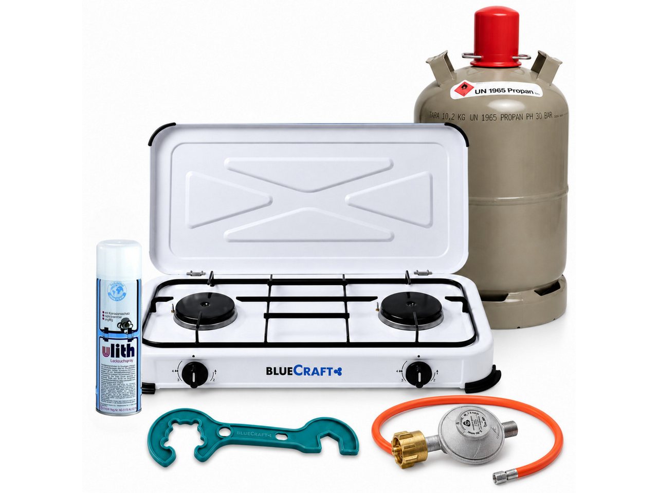 BlueCraft Gaskocher Notfall Kocher Campingkocher 2 flammig 4,4 kW mit Gasflasche (leer), (mit Schlauch 100 cm und Gas Regler Druckminderer Gasherd Gas-Kochfeld), Notfall Kocher Stromausfall mit Propan Gasflasche 11kg ungefüllt-leer Bild 4