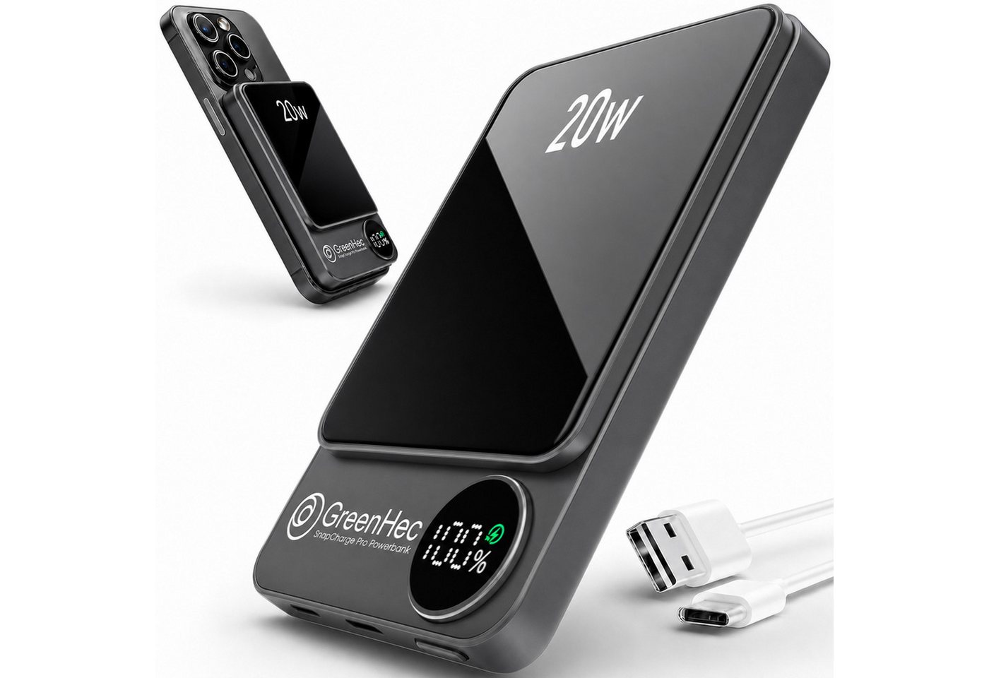 GreenHec MagSafe Powerbank iPhone 18 17 16 15 14 13 Pro Max Magnetische Zubehör Powerbank SnapCharge Pro A 10000 mAh (1,5 V), 10000mAh 5000mAh Power Bank Wireless Induktives Laden Akku Slim Magnet Bild 4