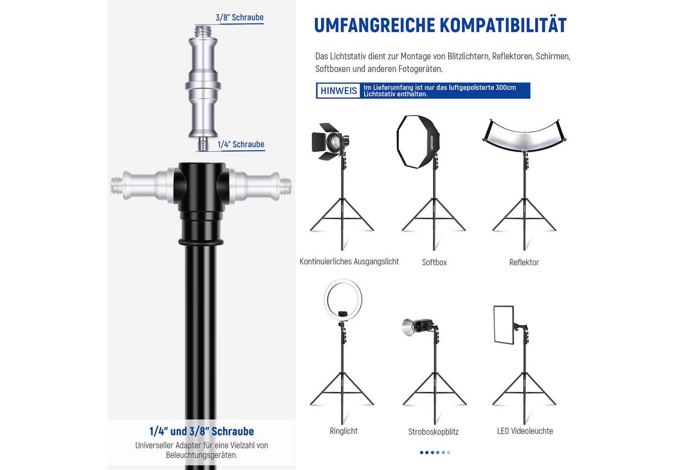 Neewer ST-300AC 3m Lichtstativ, Schwerlast Metallstativ luftgefedert Lampenstativ (höhenverstellbar 106-300 cm, mit mit Standard-Spigot, für Ringlicht)