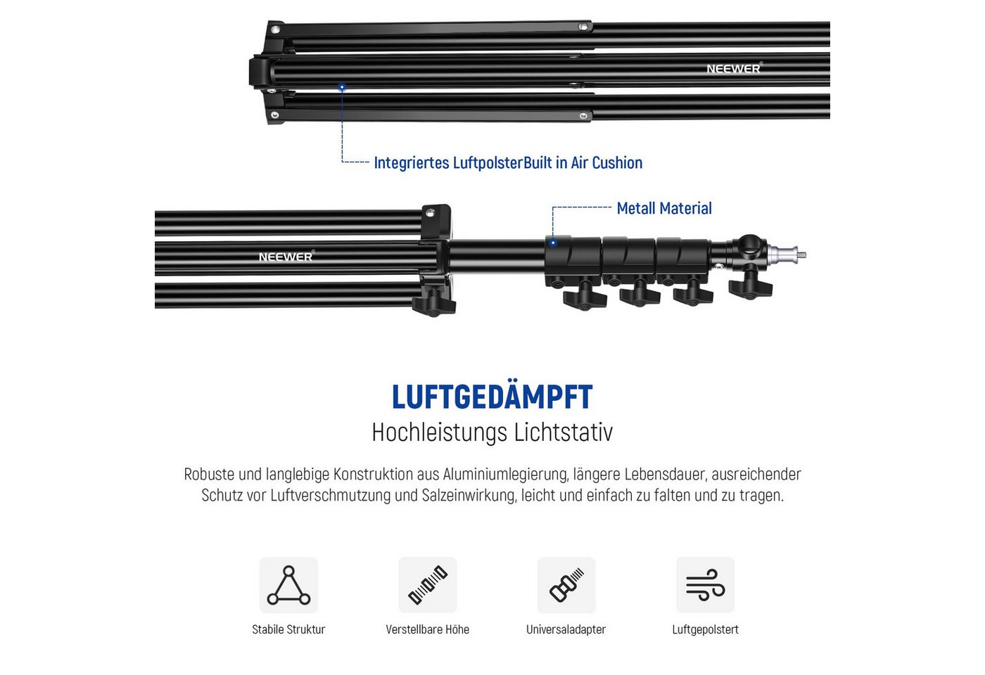 Neewer ST-300AC 3m Lichtstativ, Schwerlast Metallstativ luftgefedert Lampenstativ (höhenverstellbar 106-300 cm, mit mit Standard-Spigot, für Ringlicht) Bild 3