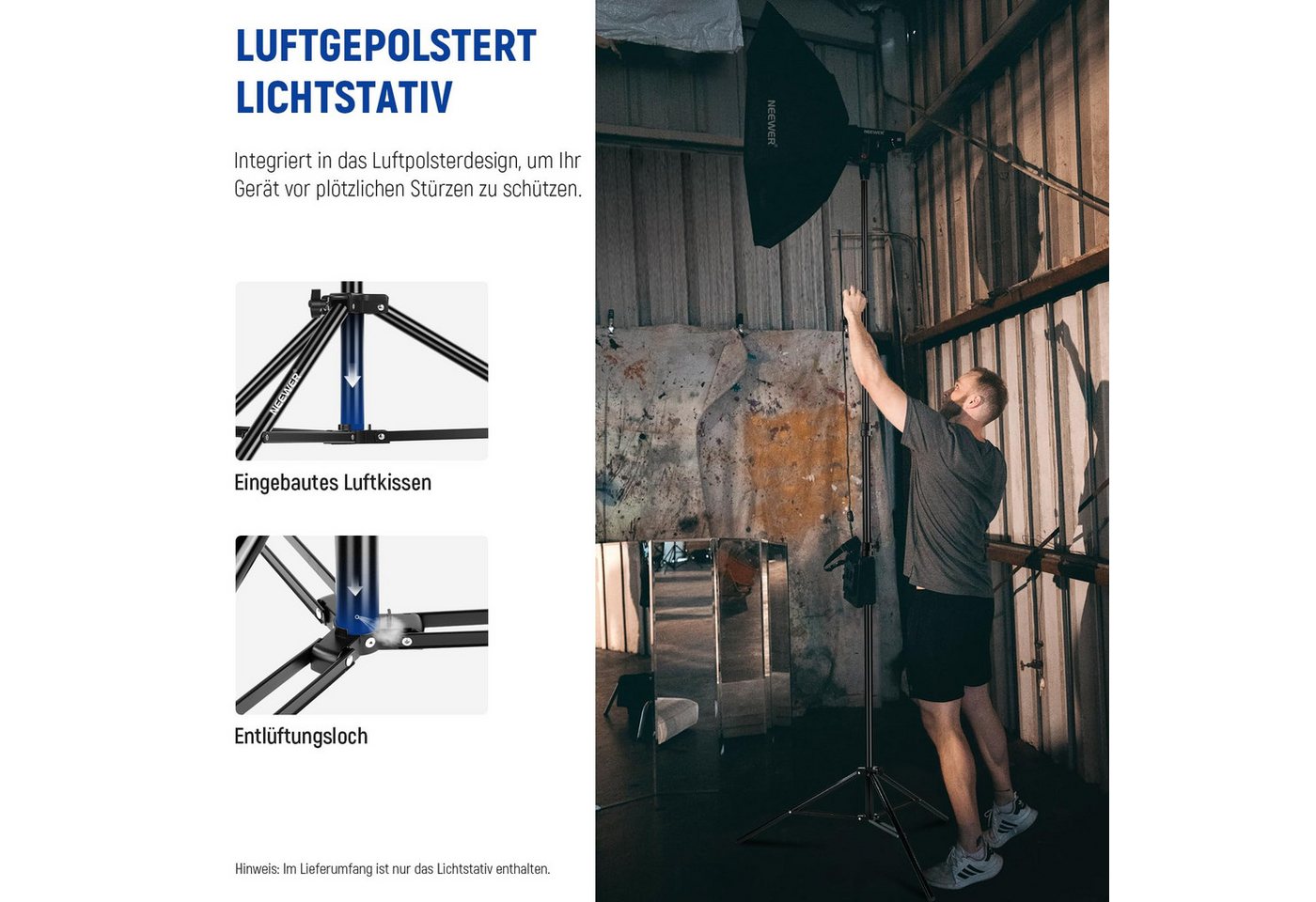 Neewer ST-300AC 3m Lichtstativ, Schwerlast Metallstativ luftgefedert Lampenstativ (höhenverstellbar 106-300 cm, mit mit Standard-Spigot, für Ringlicht) Bild 4