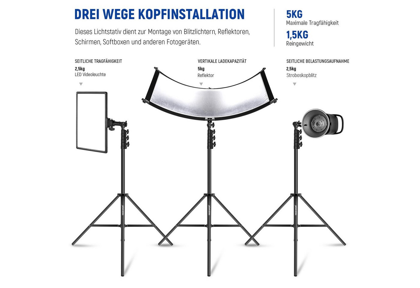 Neewer ST-300AC 3m Lichtstativ, Schwerlast Metallstativ luftgefedert Lampenstativ (höhenverstellbar 106-300 cm, mit mit Standard-Spigot, für Ringlicht) Bild 5