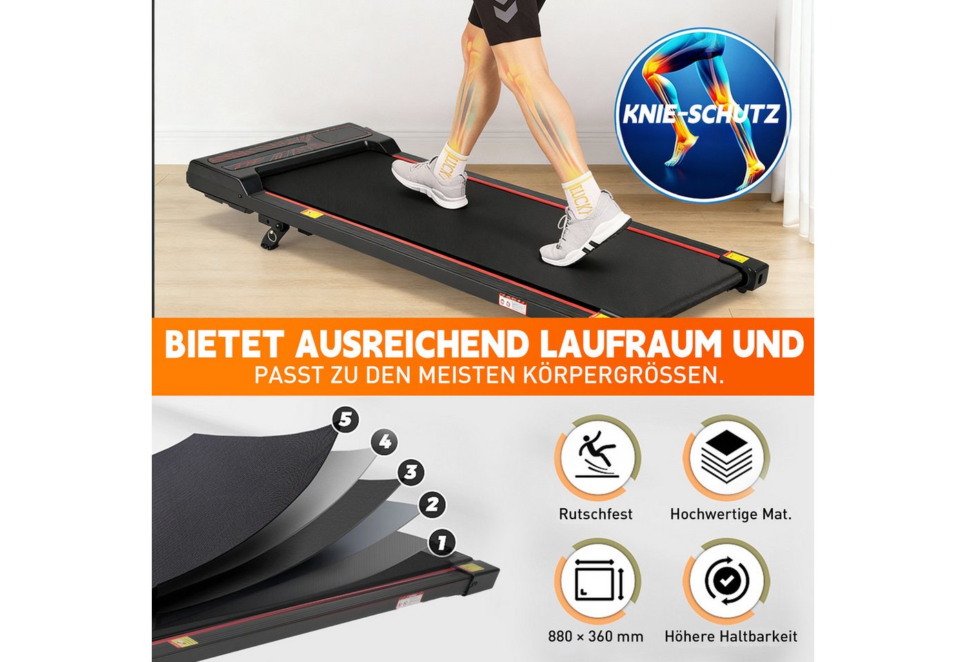 Vankel Laufband Walking Pad Laufband, 0,65 PS, 1-6 km/h, 6 % Steigung, bis 110 kg (mit LED-Display & Fernbedienung), mit Steigung 6%, leise(Noise