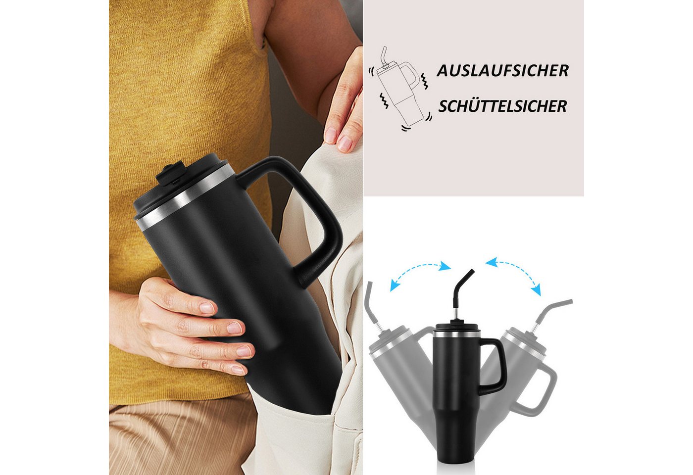 CALIYO Thermoflasche Thermobecher 1.08L Edelstahl BPA frei mit Strohhalm und Deckel, Langanhaltend kühl / warm spülmaschinenfest für Sport, Reisen Bild 3