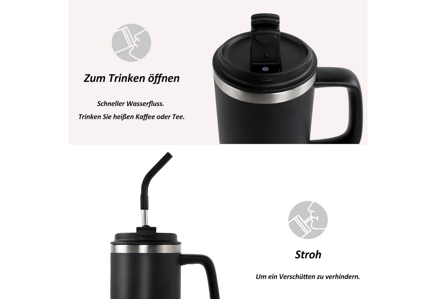 CALIYO Thermoflasche Thermobecher 1.08L Edelstahl BPA frei mit Strohhalm und Deckel, Langanhaltend kühl / warm spülmaschinenfest für Sport, Reisen Bild 4