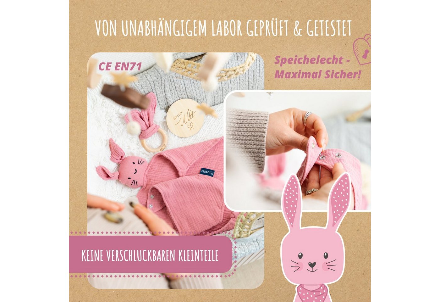 Amari Schmusetuch Hase aus Musselin, Babygeschenk zur Geburt für Mädchen und Jungen, (Geschenkset, 3-tlg., Schmusetuch, Halstuch, Beißring aus Holz), Musselin aus 100 % Baumwolle, 30 °C waschbar, inkl. Grußkarte