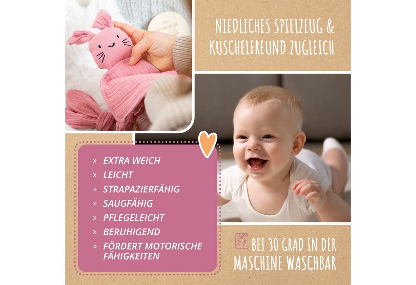 Amari Schmusetuch Hase aus Musselin, Babygeschenk zur Geburt für Mädchen und Jungen, (Geschenkset, 3-tlg., Schmusetuch, Halstuch, Beißring aus Holz), Musselin aus 100 % Baumwolle, 30 °C waschbar, inkl. Grußkarte Bild 3